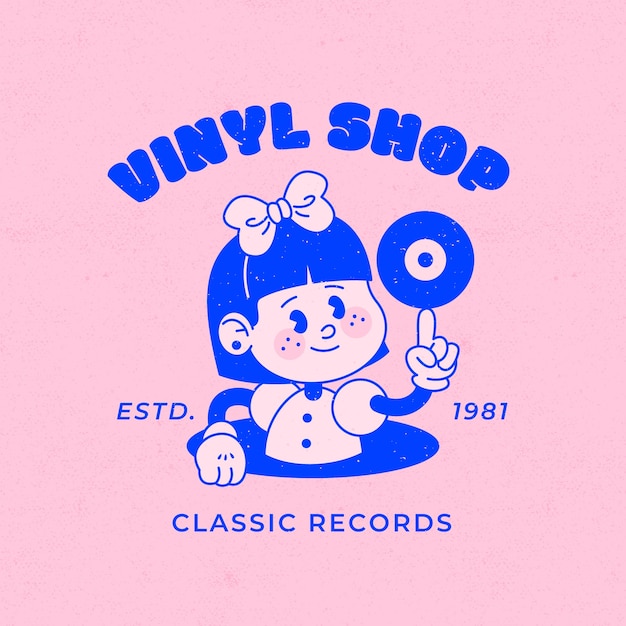plantilla de logotipo de dibujos animados de tiendas de vinilo retro dibujada a mano