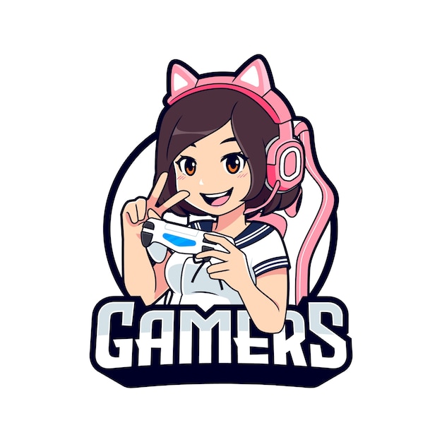 Plantilla de logotipo de esport de dibujos animados de kawaii gamer girl |  Vector Premium