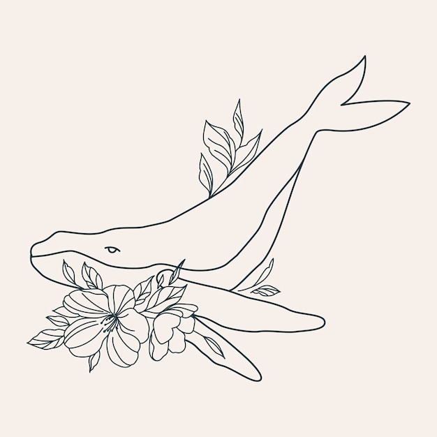 Plantilla de logotipo en estilo lineal Ballenas con flores Ilustración esotérica para salón de belleza de tienda de astrólogo