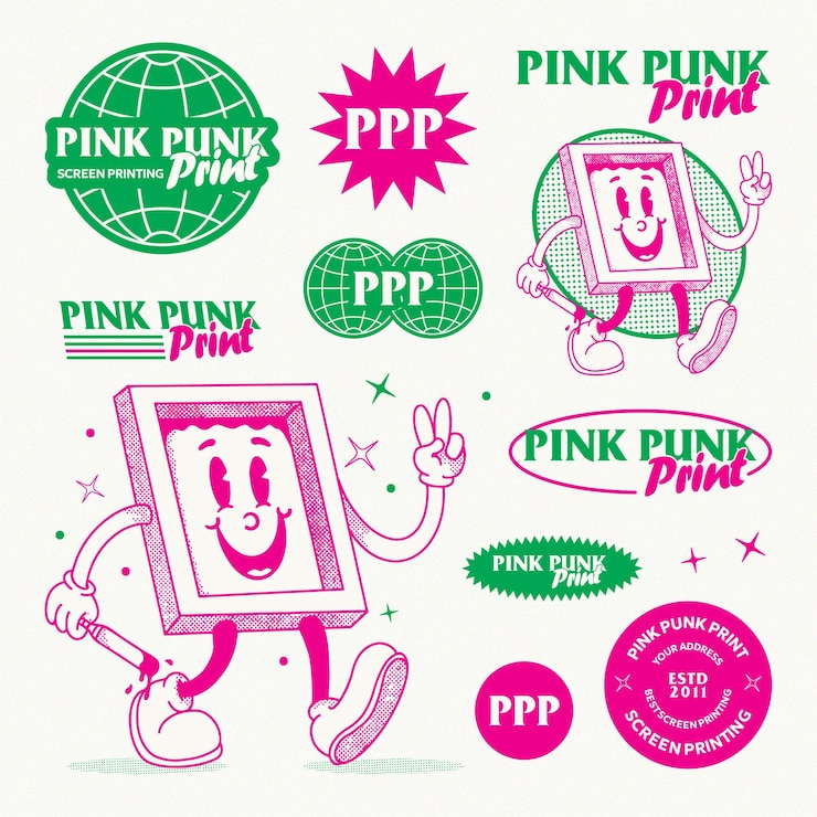 Vector plantilla de logotipo de estudio de serigrafía impresión de marca pink punk