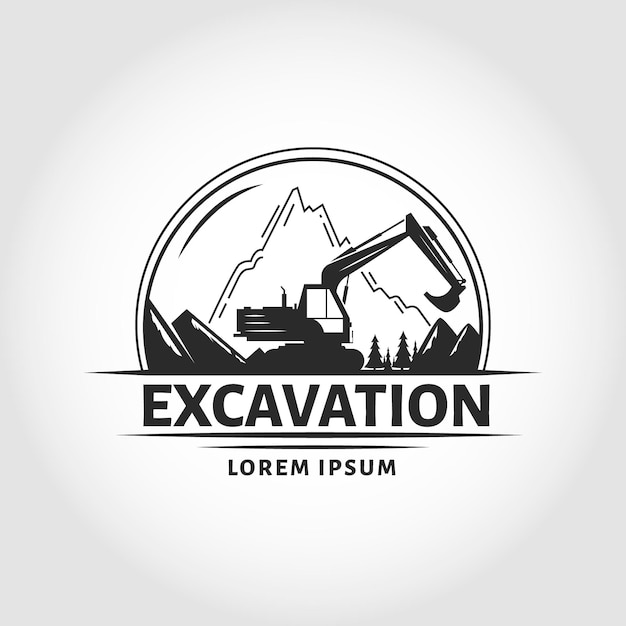 Plantilla de logotipo de excavadora y construcción con montaña