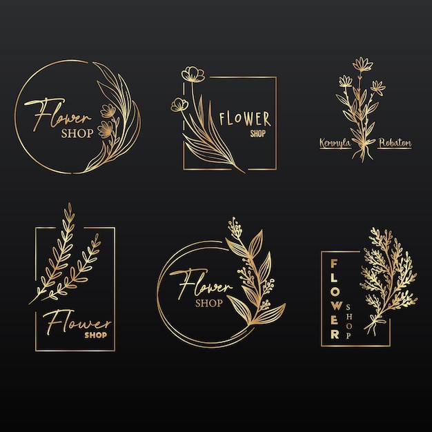 Plantilla de logotipo de flor elegante retro dorado dibujado a mano