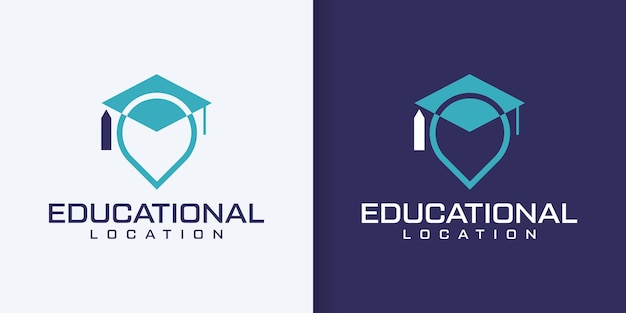 Plantilla de logotipo de gorro de graduación con mapa pin biblioteca ubicación icono diseño universidad puntero símbolo