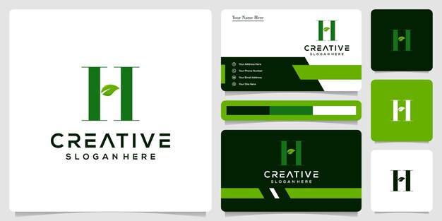 plantilla de logotipo de hoja de letra h inicial y tarjeta de visita