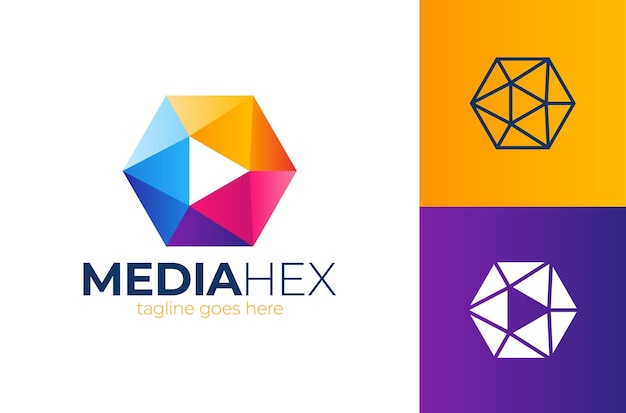 Plantilla de logotipo de la industria de tecnología de marco de forma hexagonal Hexa media play Logo