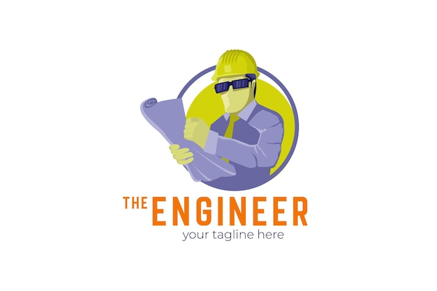 La plantilla del logotipo del ingeniero con gafas y trabajador de sombrero.