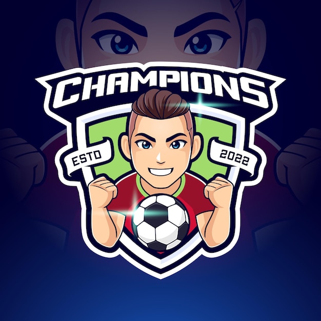 Plantilla de logotipo de insignia de pelota deportiva de campeones. Ilustración de vector de personaje de mascota ganador