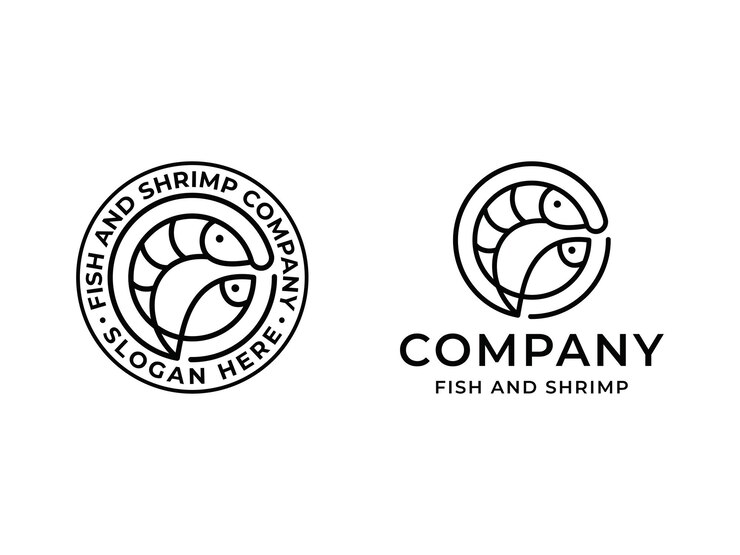 Vector plantilla de logotipo de insignia simple de pescado y camarones