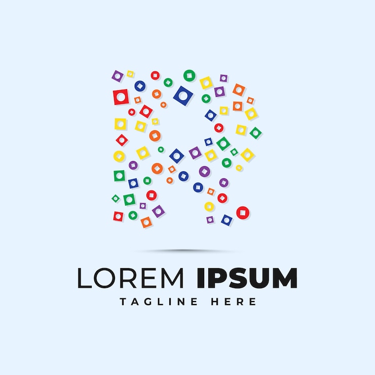 Vector plantilla de logotipo de letra colorida con círculo de puntos de polca y píxel de forma cuadrada plantilla de logotipo de carta colorida con circunferencia de puntos de polka y píxel en forma cuadrada