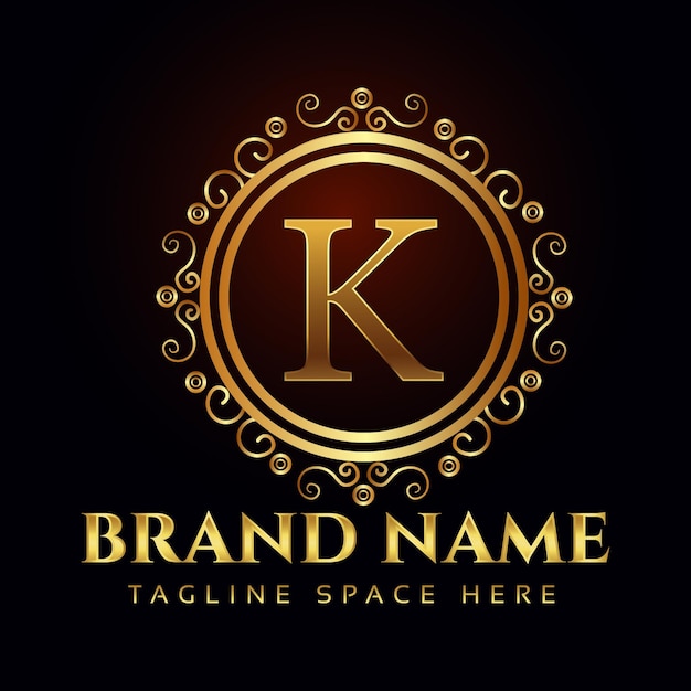 Plantilla de logotipo de letra k ornamental elegante dorado plano