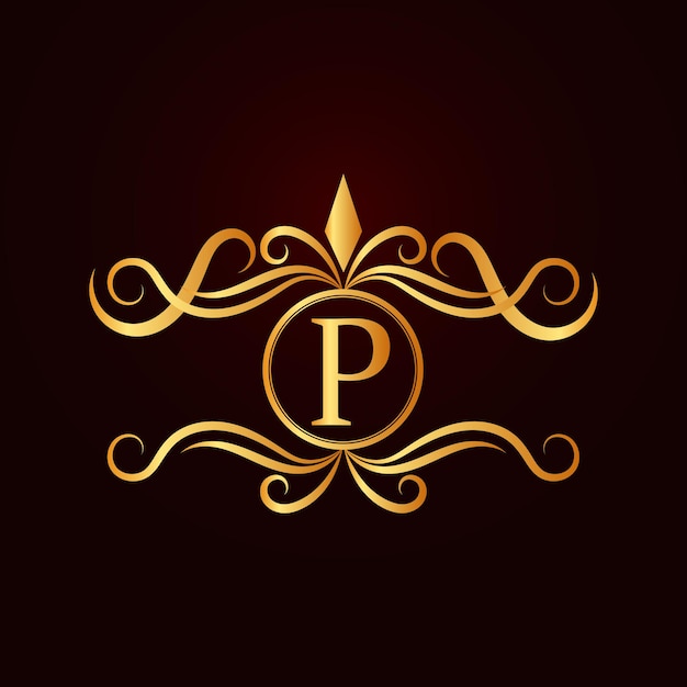 Plantilla de logotipo de letra p ornamental elegante dorado plano