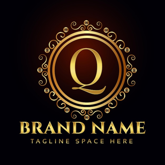 Plantilla de logotipo de letra q ornamental elegante plana dorada