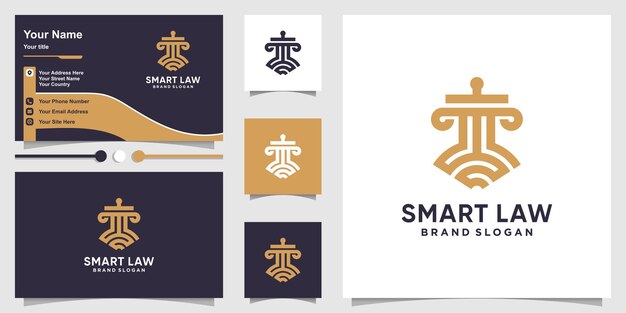 Plantilla de logotipo de ley inteligente y diseño de tarjeta de visita con concepto de arte lineal Vector Premium