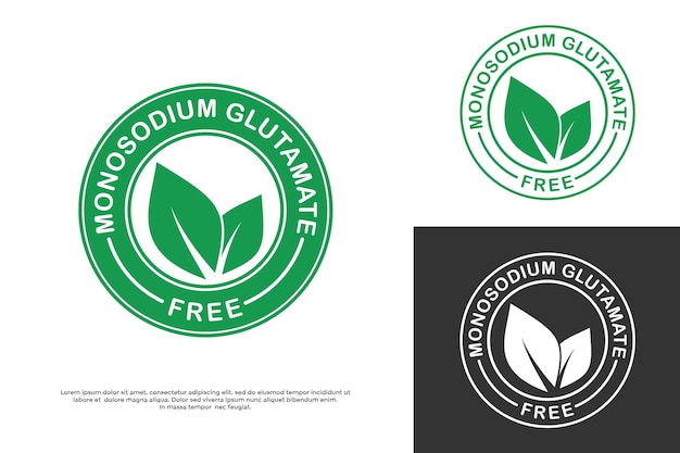 La plantilla del logotipo libre de glutamato no contiene MSG, glutamato monosódico, sello de embalaje de alimentos, hoja verde de laboratorio