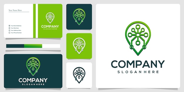 plantilla de logotipo de línea de arte de tecnología pin y tarjeta de visita