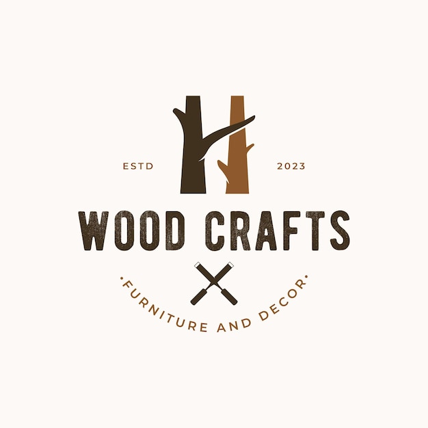 plantilla de logotipo de madera y herramientas de madera vintage retrodiseño de logotipo para carpintero muebles de insignia antiguos