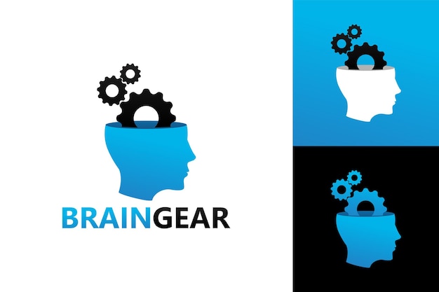 Plantilla de logotipo de máquina cerebral, cabeza y engranaje vector premium