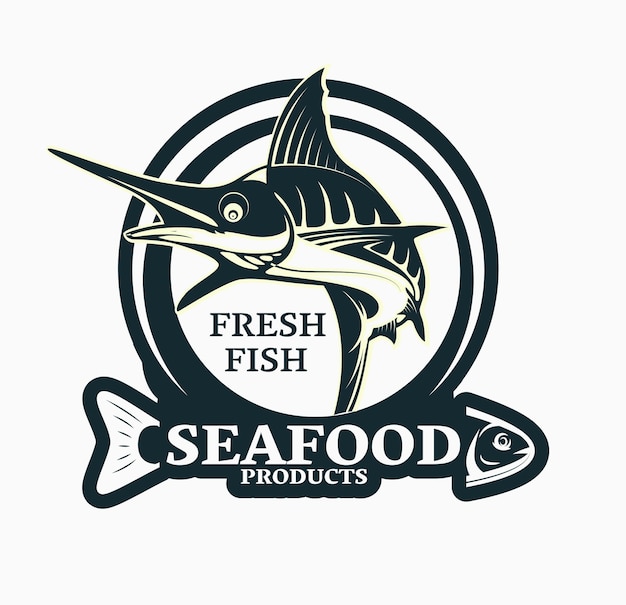 La plantilla del logotipo de los mariscos es un pez dinámico dibujado a mano en 3D