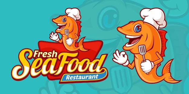 Plantilla de logotipo de mariscos frescos deliciosos, con personajes de chef de pescado de dibujos animados lindo