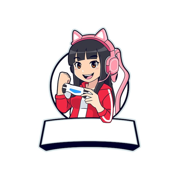 Plantilla de logotipo de mascota de anime gamer girl con banner de espacio en blanco