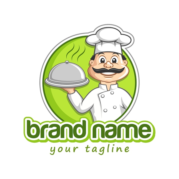 Una plantilla de logotipo mascota de Chef sirve comida en una bandeja