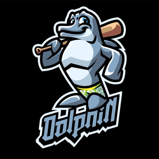 Plantilla de logotipo de mascota de Dolpins para equipos deportivos y de juegos aislados en el fondo negro