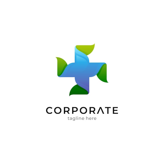 Plantilla de logotipo médico con concepto de cruz y hoja