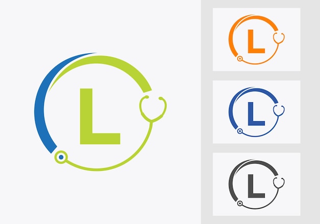 Plantilla de logotipo médico y médico con símbolo de atención médica de letra L. Logotipo de médicos con signo de estetoscopio