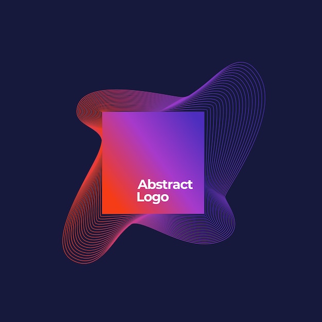 Plantilla de logotipo de mezcla abstracta. Marco cuadrado con elegantes líneas curvas con degradado ultravioleta y tipografía moderna. Fondo azul oscuro