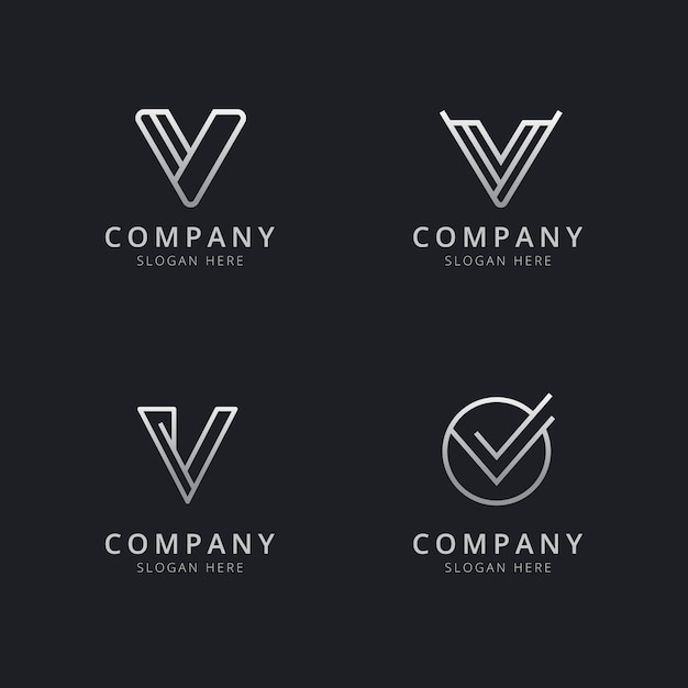 Plantilla de logotipo de monograma de línea V iniciales con color plateado para la empresa