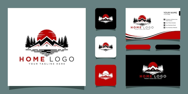 Plantilla de logotipo de montaña de casa inmobiliaria con diseño de tarjeta de visita Vector Premium