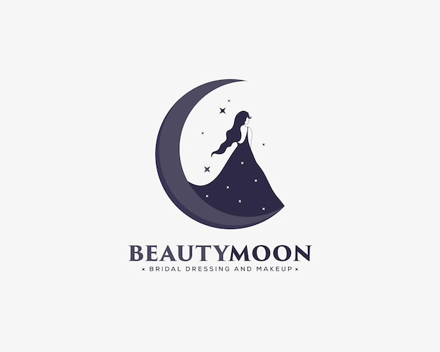 Plantilla de logotipo de mujer de belleza Silueta de dama elegante a la luz de la luna