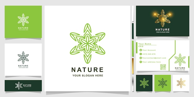 Plantilla de logotipo de naturaleza, flor, boutique o adorno con diseño de tarjeta de visita. se puede utilizar como diseño de logotipo de spa, salón, belleza o boutique.