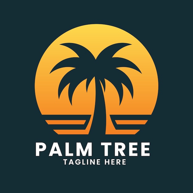 La plantilla del logotipo de la playa del mar del océan del atardecer el diseño del logotipo del árbol de palma el diseño del diseño del logotip de la ola vectorial el diseño del logotip del árbol de hojas