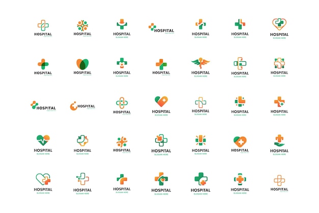 Vector plantilla de logotipo de salud médica conjunto de ilustraciones de iconos vectoriales en forma redonda de corazón cruzado