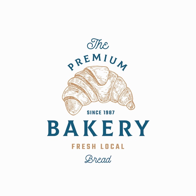 Plantilla de logotipo, símbolo o signo abstracto de croissant recién horneado. Panadería dibujada a mano con etiqueta de tipografía. Concepto de emblema de vector de pan local. Aislado