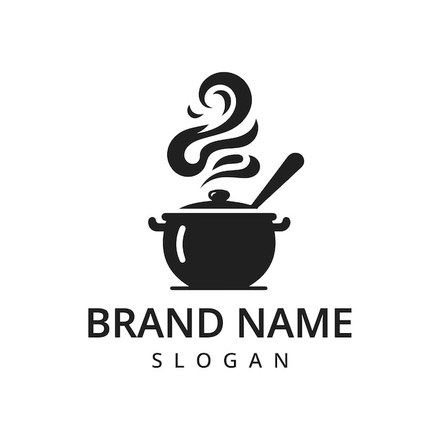 plantilla del logotipo de la sopa Símbolo de la caldera silueta negra Ilustración de utensilios de cocina negros sobre fondo blanco