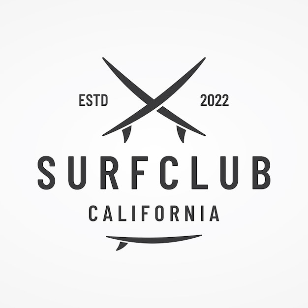 Plantilla de logotipo de tabla de surf vintagesurf en una playa de veranopara negociosinsigniaetiqueta de vacacionesemblema