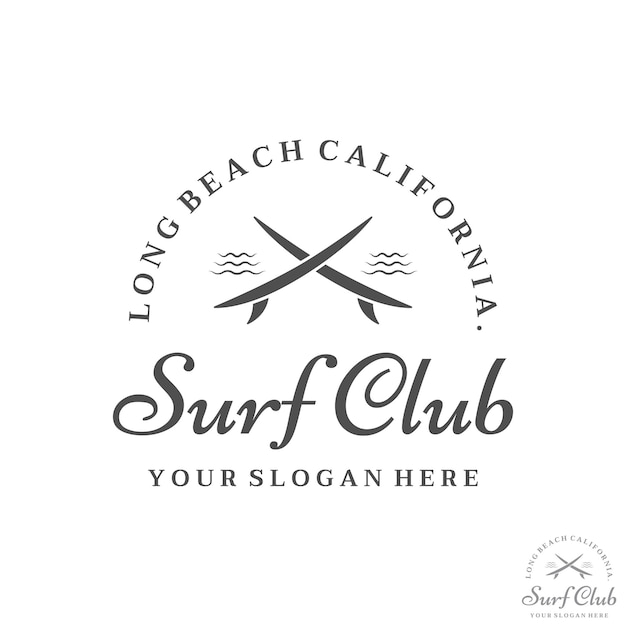 Plantilla de logotipo de tabla de surf vintagesurf en una playa de veranoPara negociosinsigniaetiqueta de vacacionesemblema