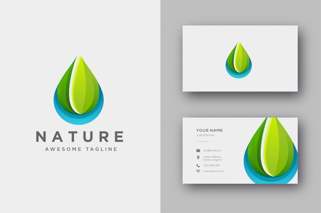 Plantilla de logotipo y tarjeta de visita de gotita de naturaleza