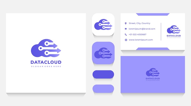 Plantilla de logotipo de tecnología y nube de datos y tarjeta de visita