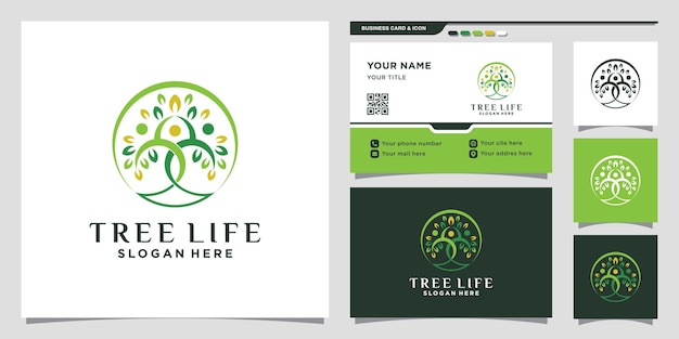 Plantilla de logotipo de tree life con estilo de arte lineal y diseño de tarjeta de visita vector premium