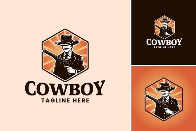 Plantilla de logotipo de vaquero con pistola y rayos de sol para empresas de la industria occidental o de armas de fuego