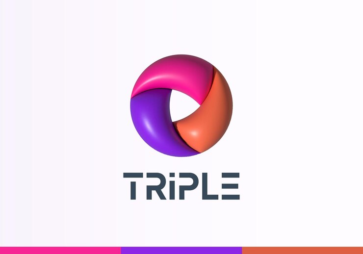 Vector plantilla de logotipo de vector abstracto de círculo de rotación de cinta de vector 3d inflado signo de remolino infinito de geometría moderna con elementos entrelazados de colores triples aislados