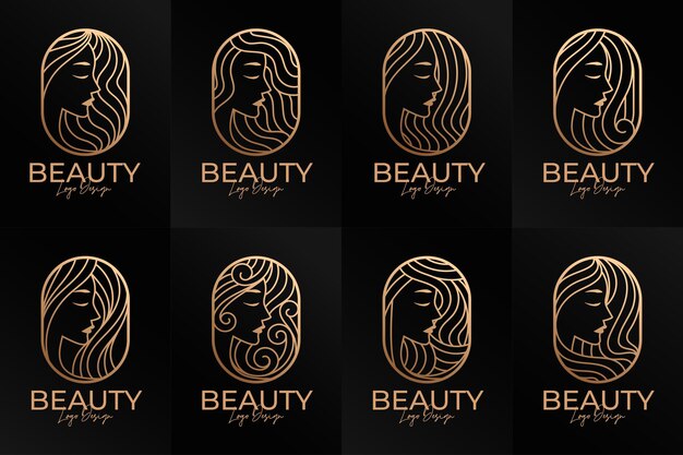 plantilla de logotipo de vector de oro de arte de línea de mujer de belleza