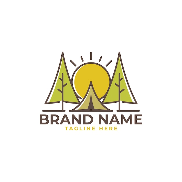 Plantilla de logotipo vectorial de icono de camping Montañas pinos y tiendas de campaña Adecuado para un logotipo de aventura