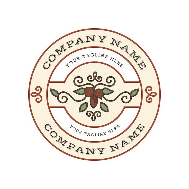 Plantilla de logotipo vintage con nueces y hojas en emblema de círculo con fondo blanco