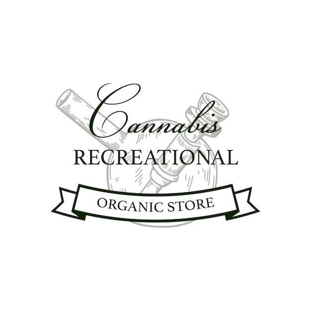 Plantilla de logotipo vintage de tienda de cannabis con elementos dibujados a mano