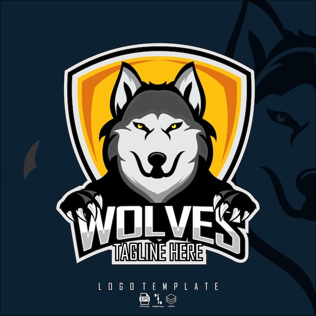 PLANTILLA DEL LOGOTIPO DE WOLVES ESPORTS CON FONDO AZUL OSCURO