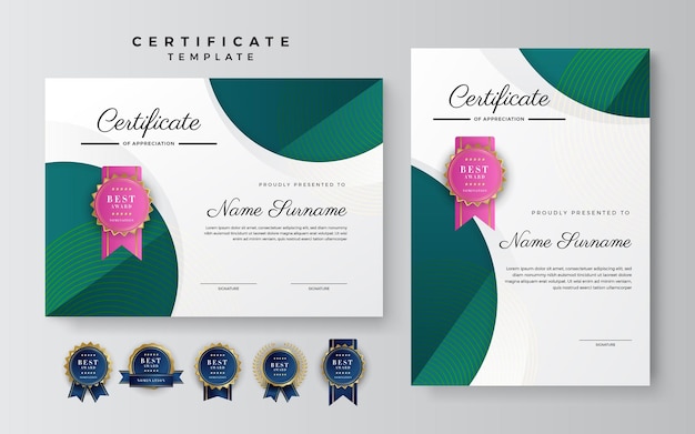 Plantilla de logro de reconocimiento de premio de diseño de certificado colorido moderno certificado con diploma de patrón de lujo ilustración vectorial y diseño de insignias premium de lujo con vintage y etiquetas